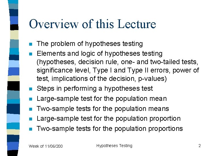 Overview of this Lecture n n n n The problem of hypotheses testing Elements