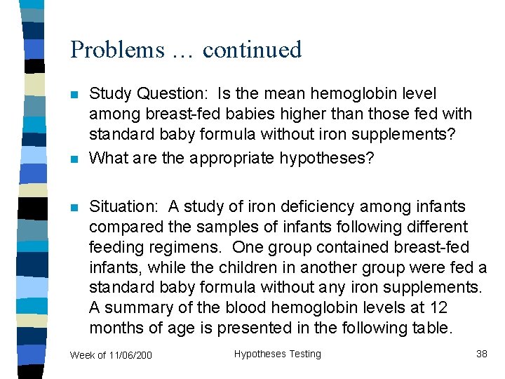 Problems … continued n n n Study Question: Is the mean hemoglobin level among