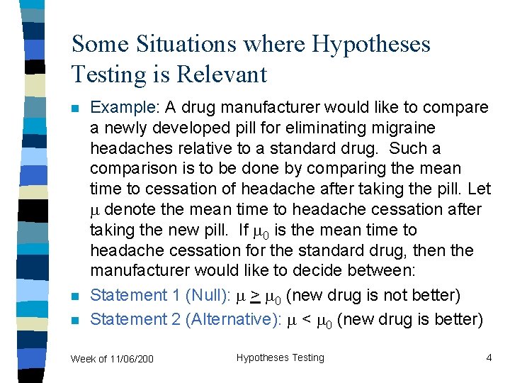 Some Situations where Hypotheses Testing is Relevant n n n Example: A drug manufacturer