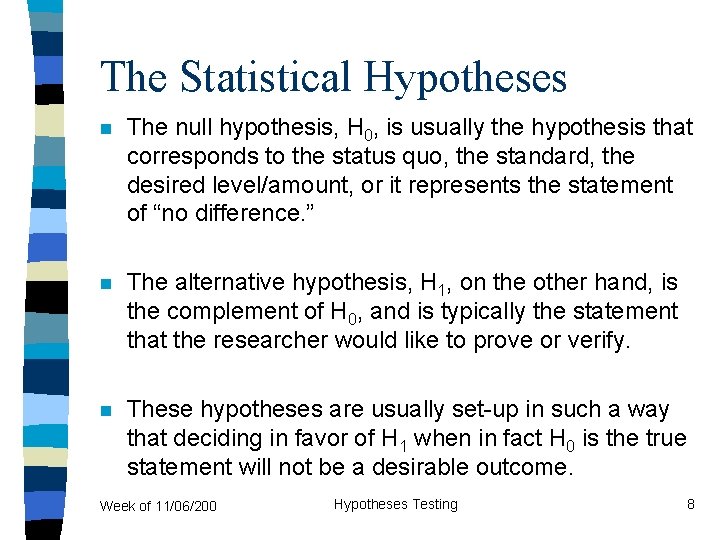 The Statistical Hypotheses n The null hypothesis, H 0, is usually the hypothesis that