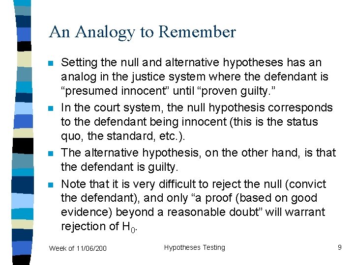 An Analogy to Remember n n Setting the null and alternative hypotheses has an