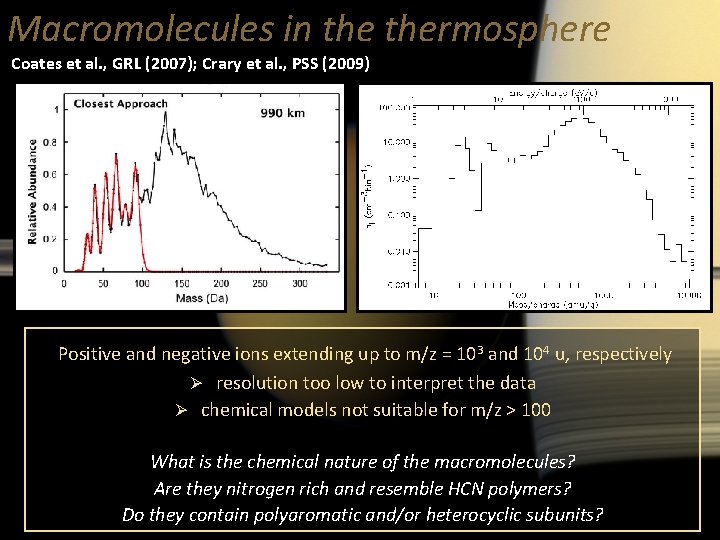 Macromolecules in thermosphere Coates et al. , GRL (2007); Crary et al. , PSS