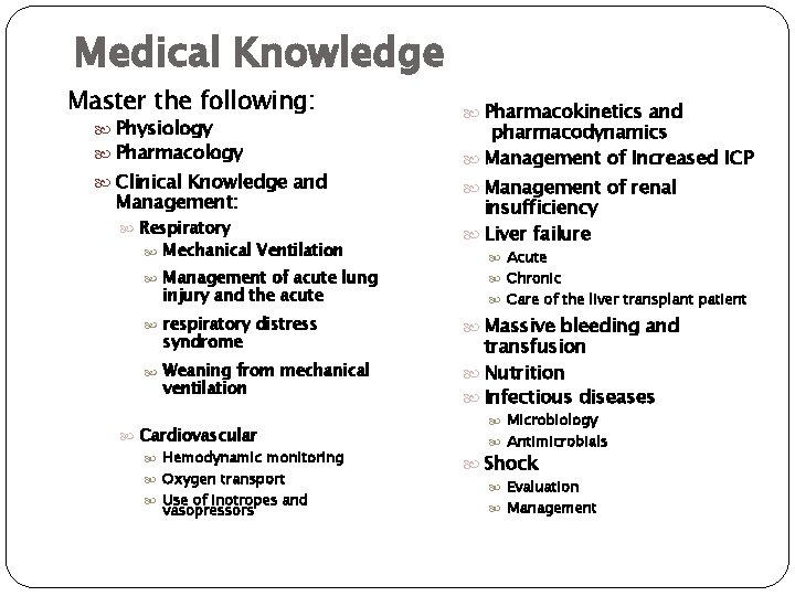 Medical Knowledge Master the following: Physiology Pharmacology Clinical Knowledge and Management: Respiratory Mechanical Ventilation