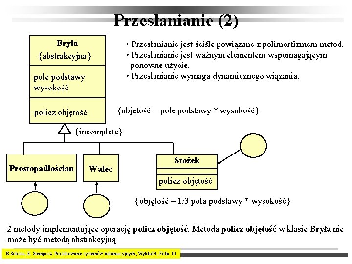 Przesłanianie (2) Bryła {abstrakcyjna} • Przesłanianie jest ściśle powiązane z polimorfizmem metod. • Przesłanianie