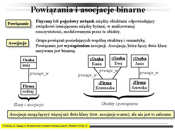 Powiązania i asocjacje binarne Fizyczny lub pojęciowy związek między obiektami odpowiadający związkowi istniejącemu między