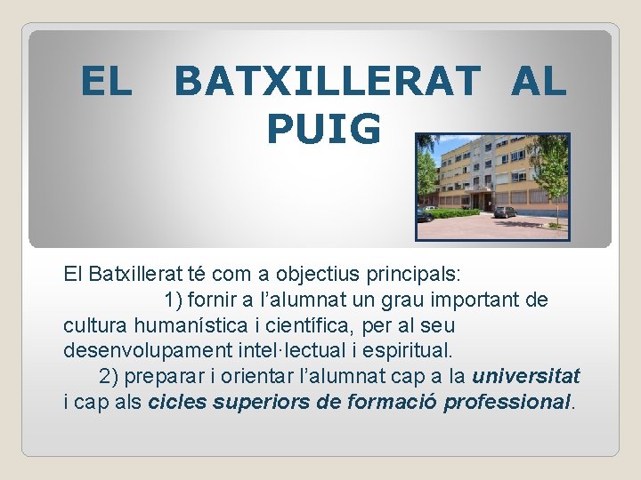 EL BATXILLERAT AL PUIG El Batxillerat té com a objectius principals: 1) fornir a