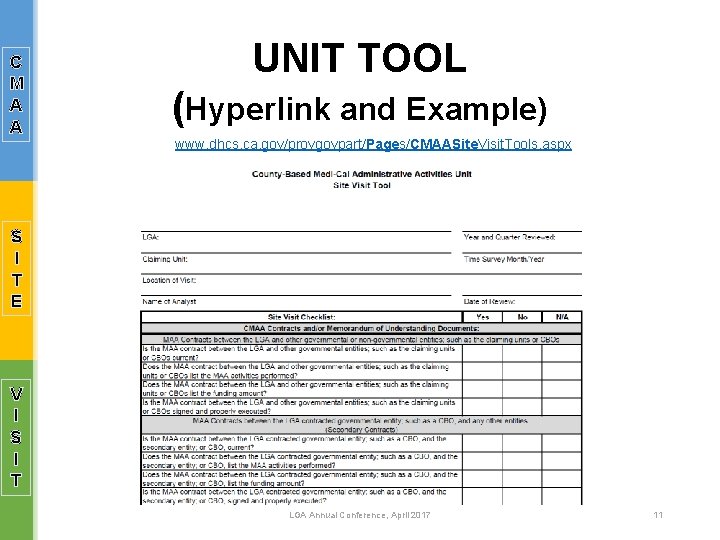 C M A A UNIT TOOL (Hyperlink and Example) www. dhcs. ca. gov/provgovpart/Pages/CMAASite. Visit.