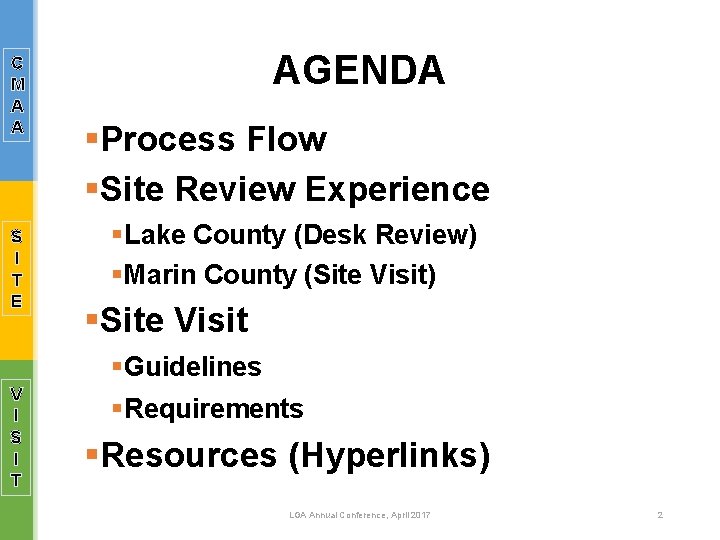 C M A A S I T E AGENDA §Process Flow §Site Review Experience