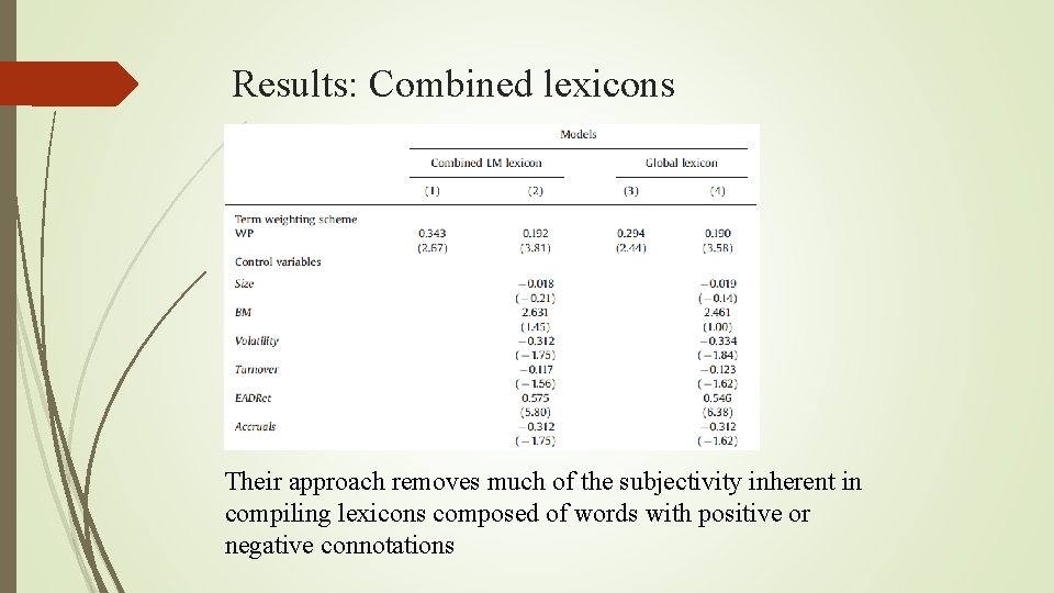 Results: Combined lexicons Their approach removes much of the subjectivity inherent in compiling lexicons