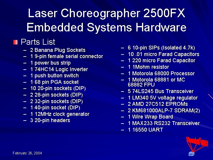 Laser Choreographer 2500 FX Embedded Systems Hardware Parts List – – – 2 Banana