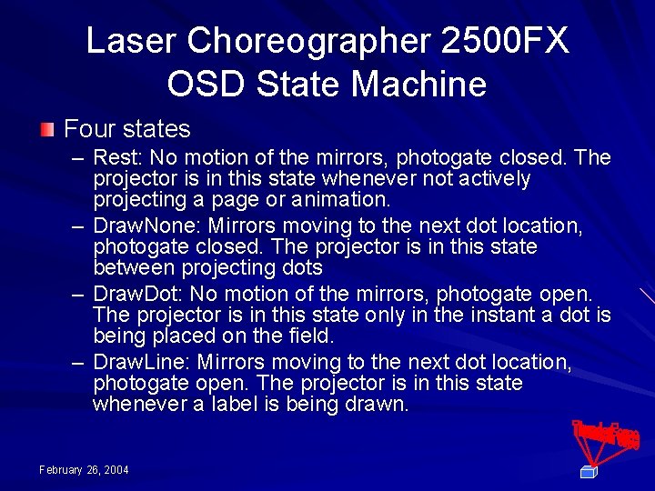 Laser Choreographer 2500 FX OSD State Machine Four states – Rest: No motion of