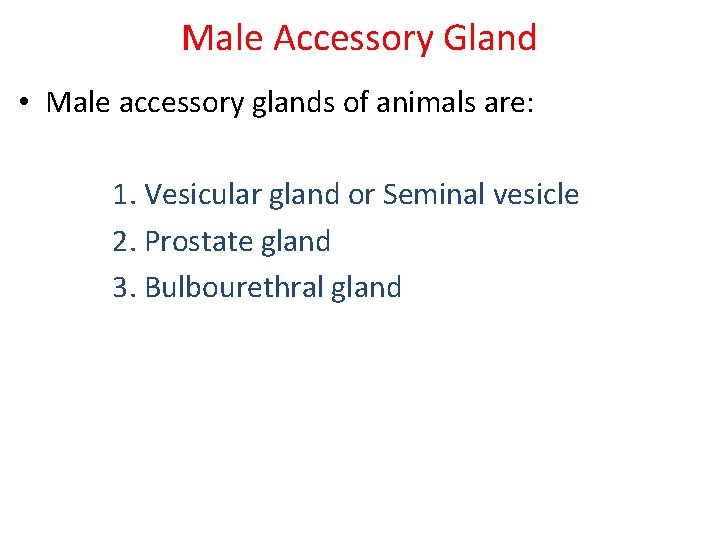 Male Accessory Gland • Male accessory glands of animals are: 1. Vesicular gland or