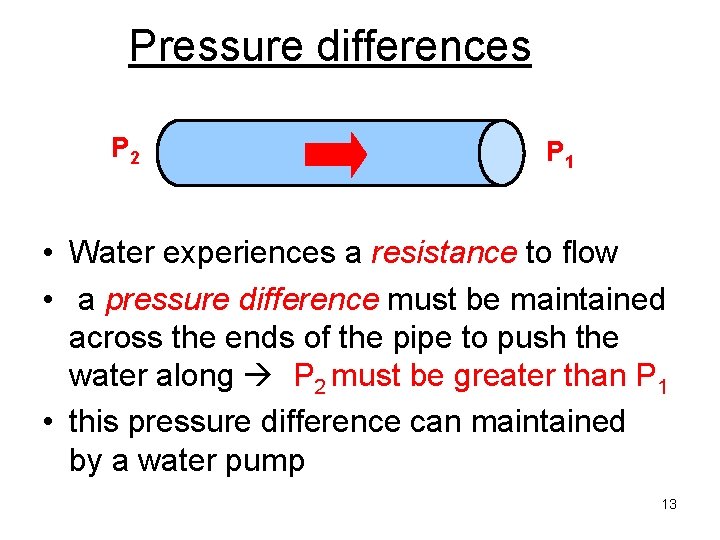 Pressure differences P 2 P 1 • Water experiences a resistance to flow •