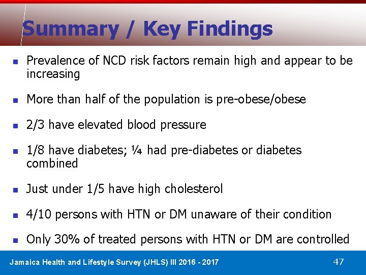 Summary / Key Findings n Prevalence of NCD risk factors remain high and appear