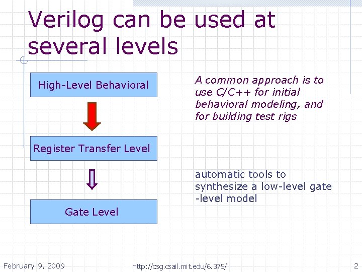 Verilog can be used at several levels High-Level Behavioral A common approach is to