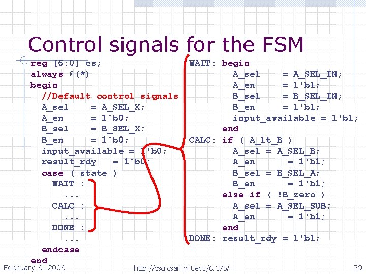 Control signals for the FSM reg [6: 0] cs; always @(*) begin //Default control