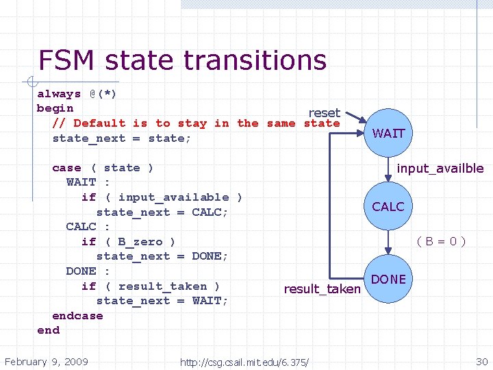 FSM state transitions always @(*) begin reset // Default is to stay in the