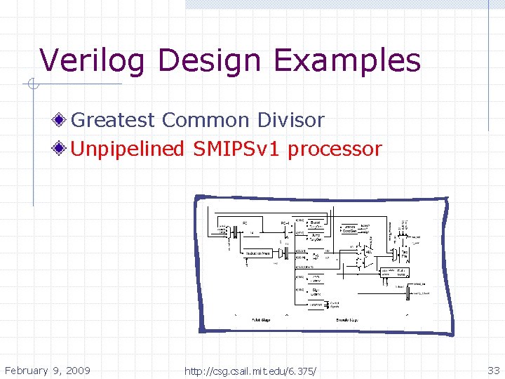 Verilog Design Examples Greatest Common Divisor Unpipelined SMIPSv 1 processor February 9, 2009 http: