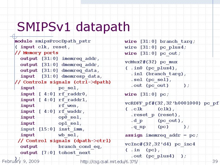 SMIPSv 1 datapath module smips. Proc. Dpath_pstr ( input clk, reset, // Memory ports