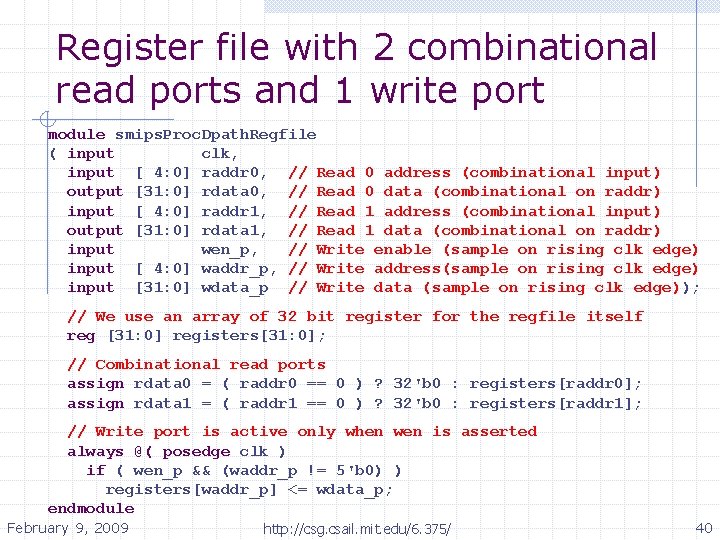 Register file with 2 combinational read ports and 1 write port module smips. Proc.