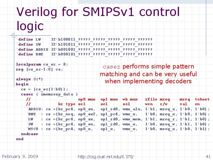 Verilog for SMIPSv 1 control logic `define LW SW ADDIU BNE 32'b 100011_? ?