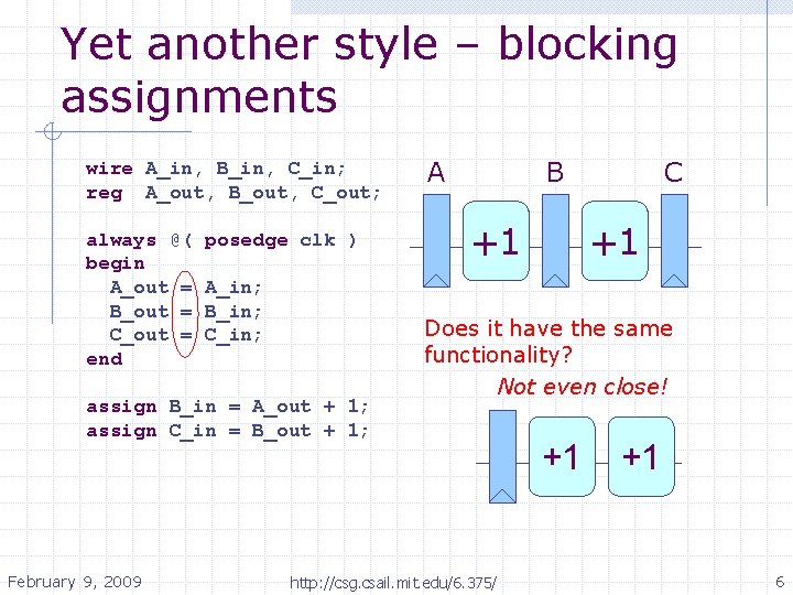 Yet another style – blocking assignments wire A_in, B_in, C_in; reg A_out, B_out, C_out;