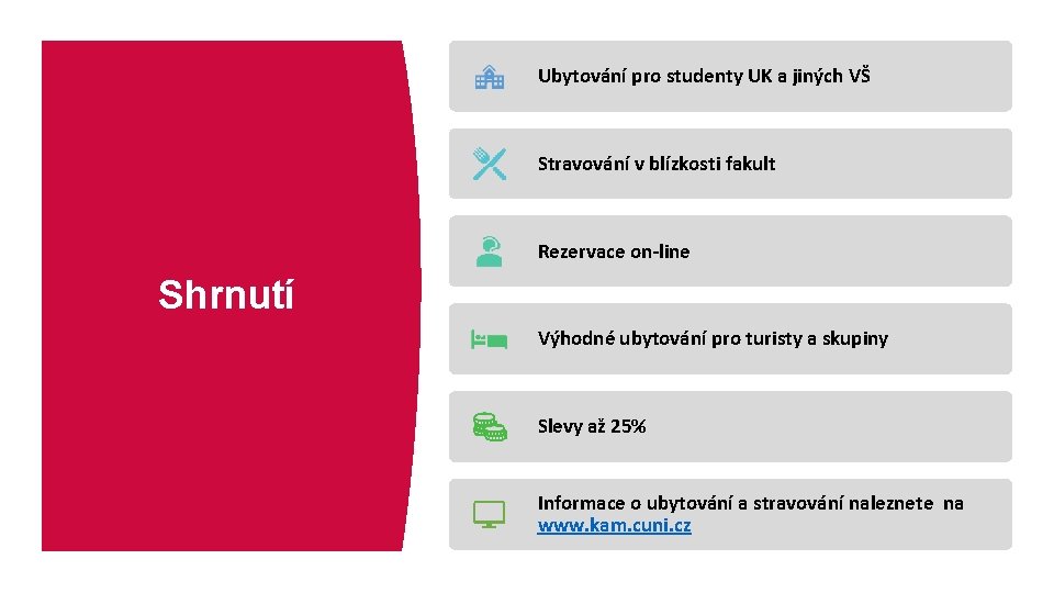 Ubytování pro studenty UK a jiných VŠ Stravování v blízkosti fakult Rezervace on-line Shrnutí