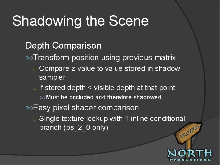 Shadowing the Scene Depth Comparison Transform position using previous matrix ○ Compare z-value to