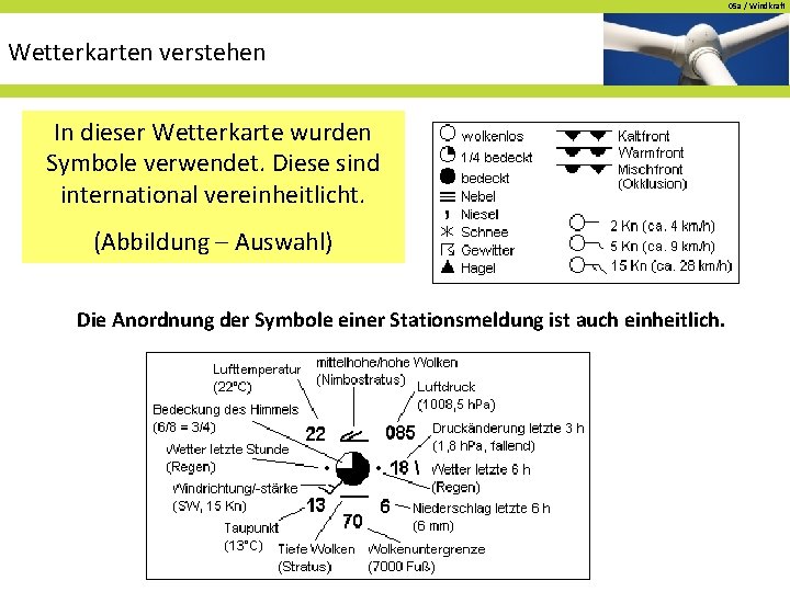 05 a / Windkraft Wetterkarten verstehen In dieser Wetterkarte wurden Symbole verwendet. Diese sind