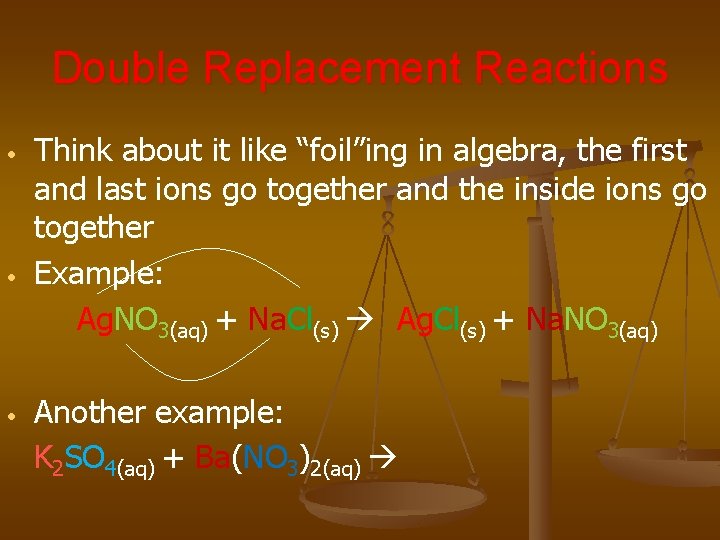Double Replacement Reactions • • • Think about it like “foil”ing in algebra, the