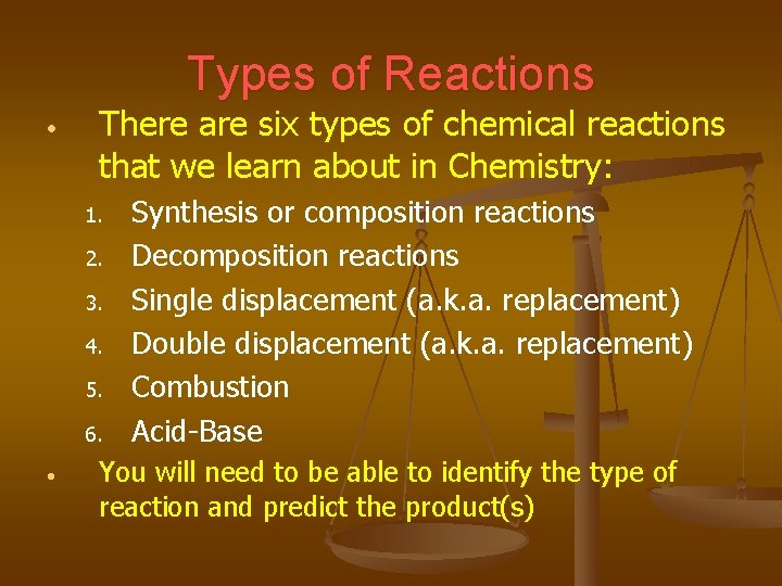Types of Reactions • There are six types of chemical reactions that we learn