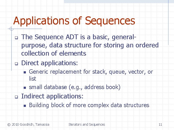 Applications of Sequences q q The Sequence ADT is a basic, generalpurpose, data structure