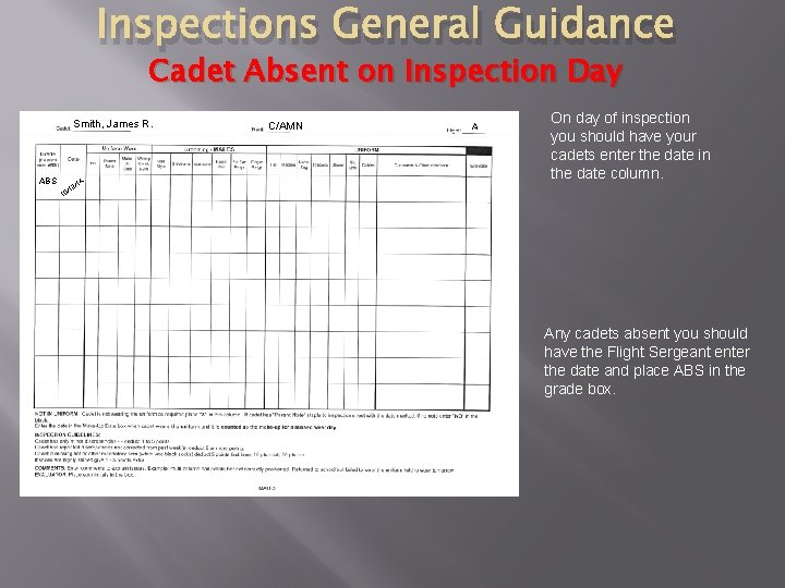 Inspections General Guidance Cadet Absent on Inspection Day Smith, James R. ABS /1 X