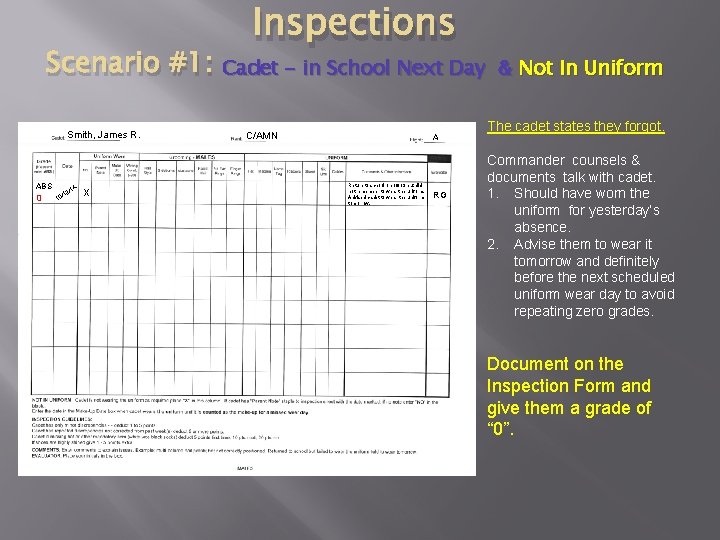 Inspections Scenario #1: Cadet - in School Next Day Smith, James R. ABS 0