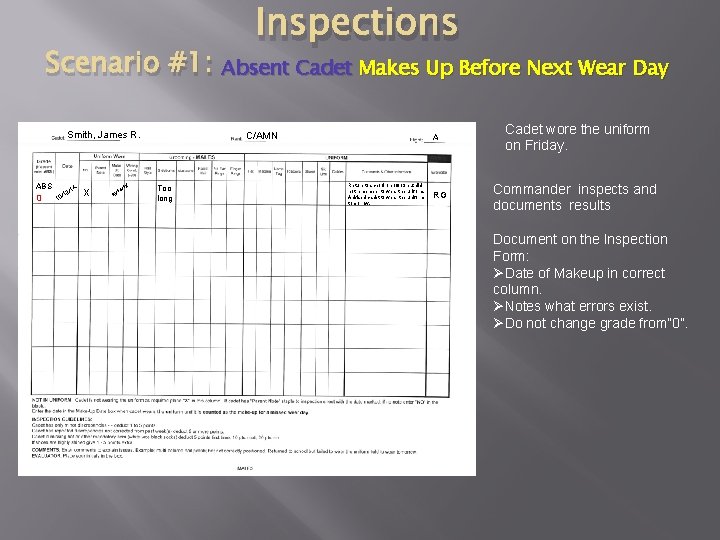 Inspections Scenario #1: Absent Cadet Makes Up Before Next Wear Day Smith, James R.