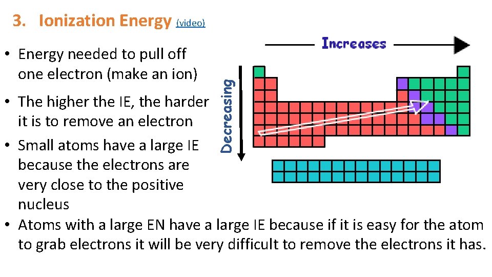 • Energy needed to pull off one electron (make an ion) Decreasing 3. • Energy needed to pull off one electron (make an ion) Decreasing 3.
