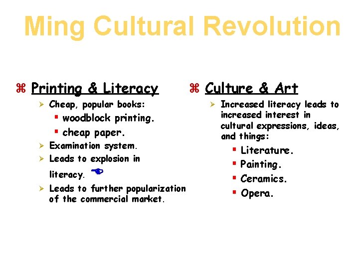 Ming Cultural Revolution z Printing & Literacy Ø Cheap, popular books: § woodblock printing.