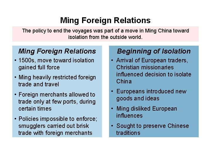 Ming Foreign Relations The policy to end the voyages was part of a move