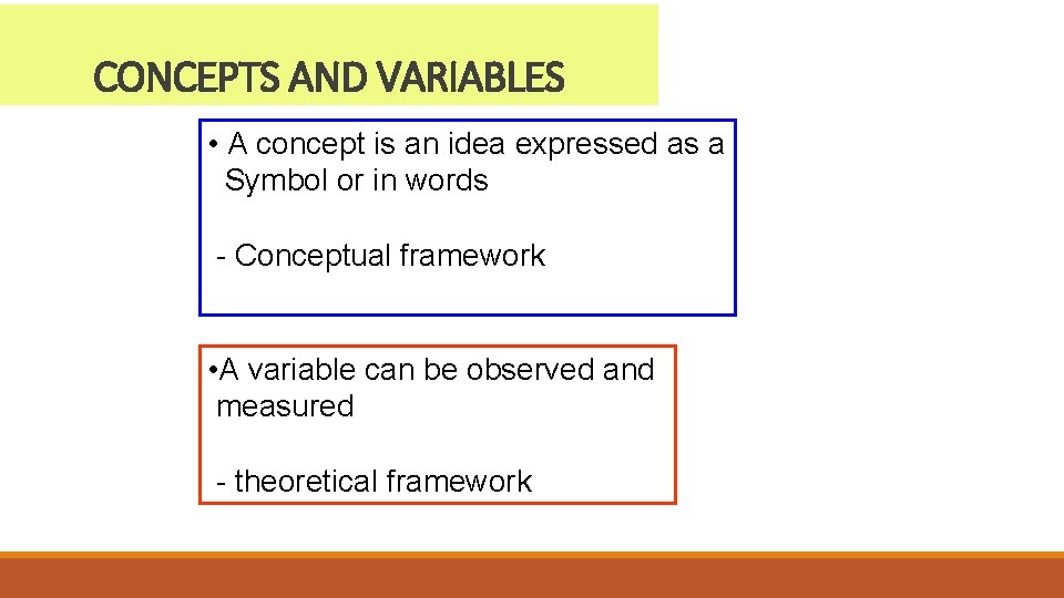 CONCEPTS AND VARIABLES • A concept is an idea expressed as a Symbol or