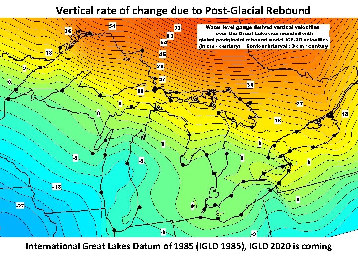 Vertical rate of change due to Post-Glacial Rebound International Great Lakes Datum of 1985