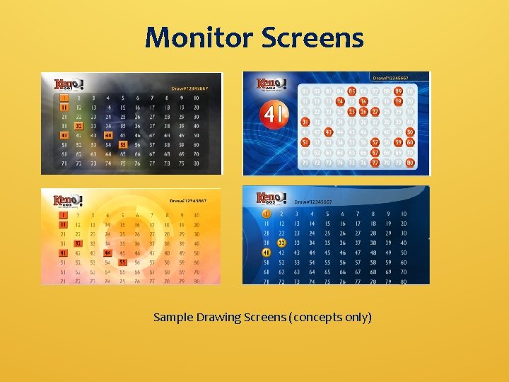 Monitor Screens Sample Drawing Screens (concepts only) 