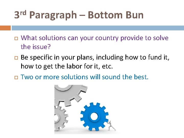 3 rd Paragraph – Bottom Bun What solutions can your country provide to solve