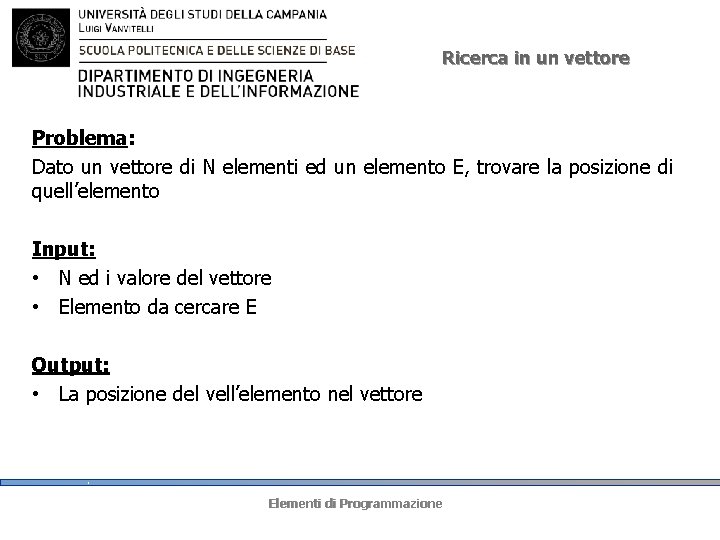 Ricerca in un vettore Problema: Dato un vettore di N elementi ed un elemento