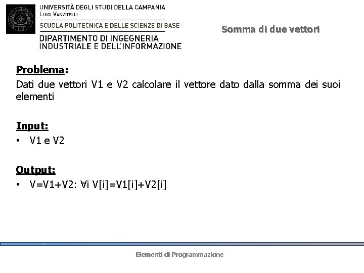 Somma di due vettori Problema: Dati due vettori V 1 e V 2 calcolare