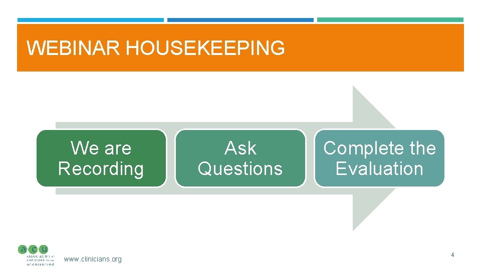 WEBINAR HOUSEKEEPING We are Recording www. clinicians. org Ask Questions Complete the Evaluation 4