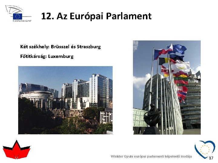 12. Az Európai Parlament Két székhely: Brüsszel és Straszburg Főtitkárság: Luxemburg Winkler Gyula európai