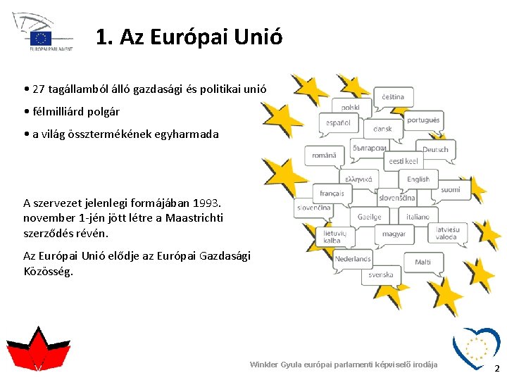 1. Az Európai Unió • 27 tagállamból álló gazdasági és politikai unió • félmilliárd