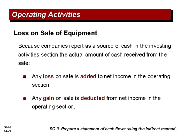Operating Activities Loss on Sale of Equipment Because companies report as a source of