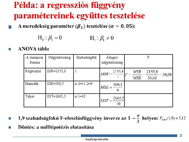 Példa: a regressziós függvény paramétereinek együttes tesztelése n A variancia forrása Négyzetösszeg Szabadságfok Átlagos