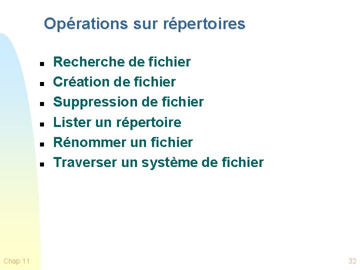 Opérations sur répertoires n n n Chap 11 Recherche de fichier Création de fichier